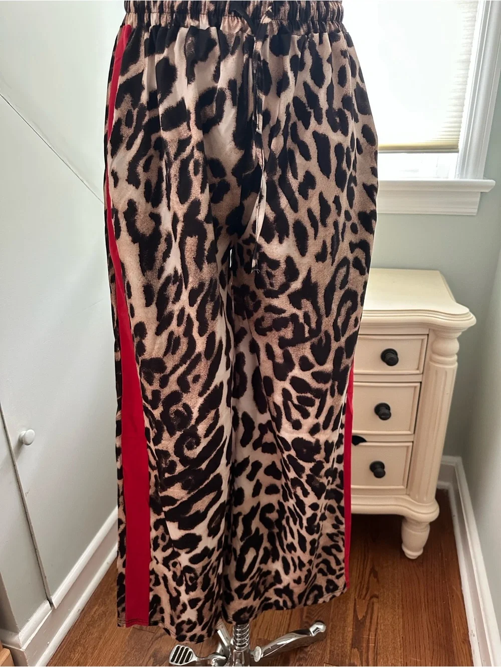 Leopard Print Wide Leg Pants with Red Side Stripe